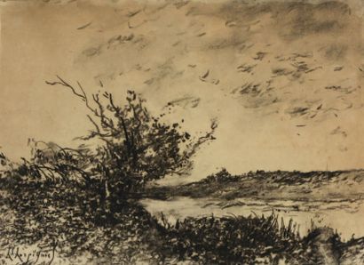 Henri HARPIGNIES (1819-1916) Bord de rivière Fusain, signé en bas à gauche. 38 x...