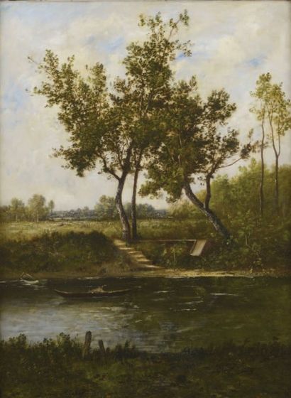 LEON RICHET (1847-1907) Paysage au bord de l'eau Huile sur toile, signée en bas à...