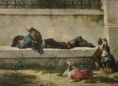 Charles HERMANN-LEON (1838-1908) Enfant endormi Huile sur toile, signée en bas à...