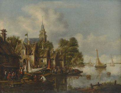 Thomas HEEREMANS (Haarlem vers 1640 - 1697) Villageois au bord d'une rivière Huile...