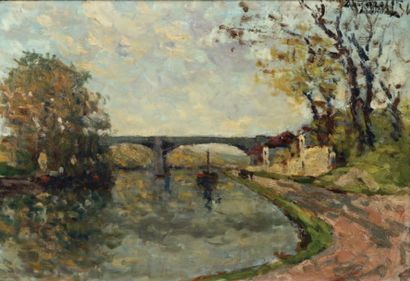 ZANAROFF (1885-1966) Péniche sur un canal, 1936 Huile sur toile, signée en haut à...