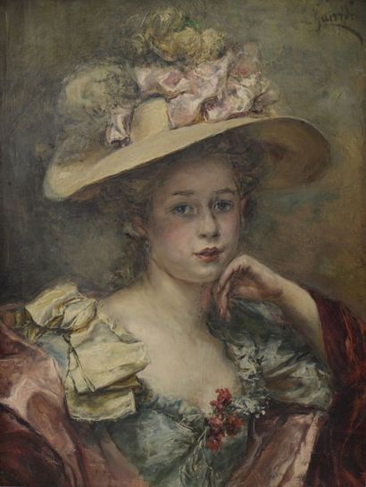 Eduardo Léon GARRIDO (1856-1949) Jeune femme au chapeau fleuri, circa 1900 Huile...