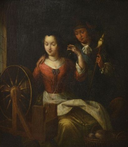 Richard BRACKENBURG (1650 - 1702), attribué à La fileuse au rouet et le galant au...