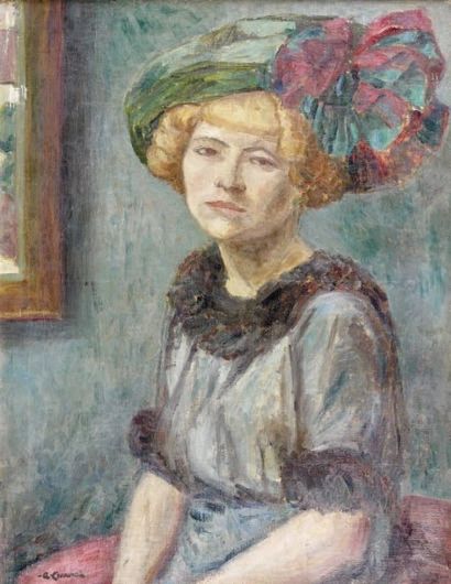 Augustin CARRERA (1878-1952) Portrait de femme au chapeau Huile sur toile, signée...