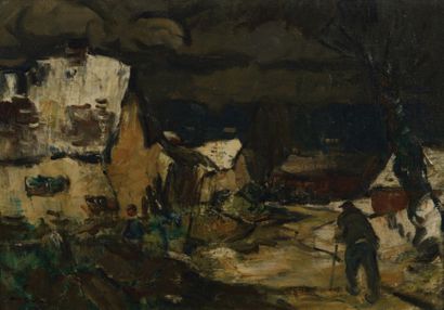 Abel BERTRAM (1871-1954) Village enneigé Huile sur toile, signée en bas à gauche....