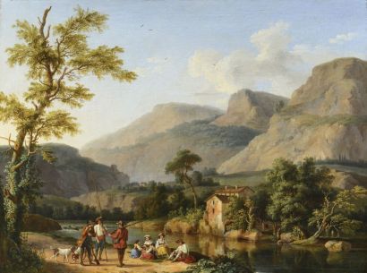 Jan Philipp HACKAERT (Prenzlau 1737 - Florence 1807) La halte des chasseurs au bord...