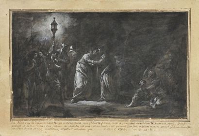 Jacques GAMELIN (Carcassonne 1738 1803) Le Baiser de Judas Lavis gris et rehauts...