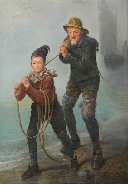 Ecole Française vers 1900 Pêcheur et son fils Huile sur toile, signée indistinctement...