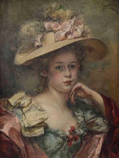 Eduardo Leon GARRIDO (1856 1949) Jeune femme au chapeau fleuri, circa 1900 Huile...