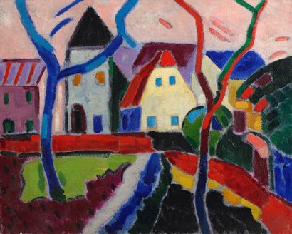 Jacques PONS (né en 1936) Village et arbres Huile sur toile, signée en bas à gauche....