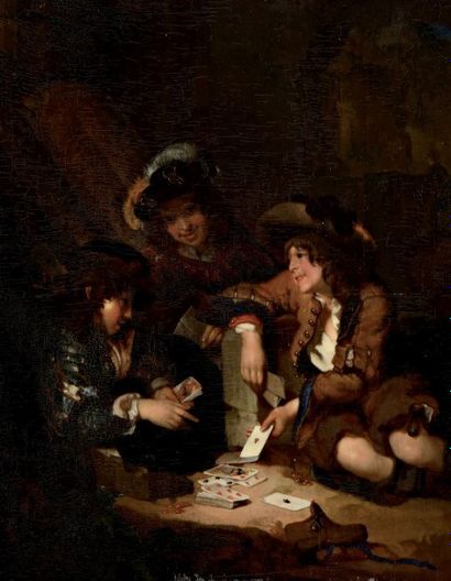Adriaen van der WERF (Kralingen Ambach 1659 Rotterdam 1722) Le jeu de cartes Huile...