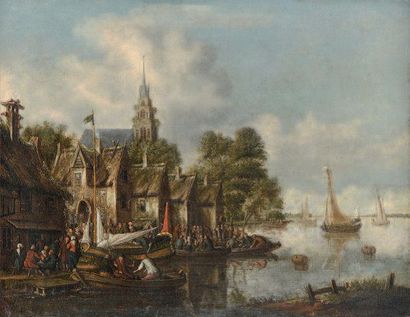 Thomas HEEREMANS (Haarlem vers 1640 1697) Villageois au bord d'une rivière Huile...