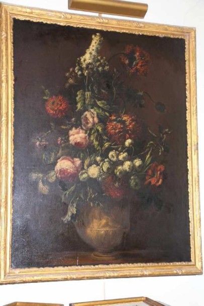 ECOLE ITALIENNE Fin du XVIIe - début du XVIIIe siècle Vase de fleurs sur un entablement...