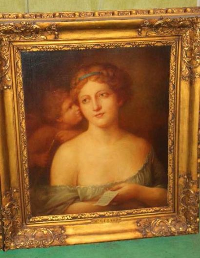 Ecole du XIXème siècle Portrait de jeune femme à la lettre Huile sur panneau 61x...