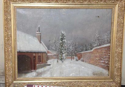 H. DUMONT Paysage sous la neige Huile sur toile signée en bas à droite (Accident...