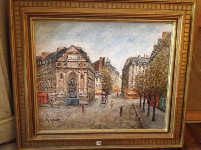 Louis PEYRAT (1911-1999) Place saint Michel. Huile sur toile signée. 46 x 55cm