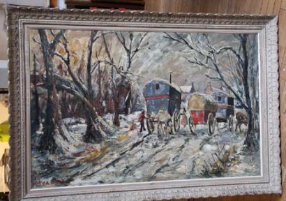 Fernard LAVAL (1886-1966) les roulottes sous la neige Huile sur toile marouflée sur...