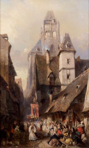 Eugène ISABEY (1804-1886) 
Procession à Rouen
Huile sur toile, signée en bas à gauche.
60...