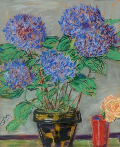 Anna de NOAILLES (Paris 1876 - Paris 1933) 
Les hortensias bleus
Pastel sur toile,...