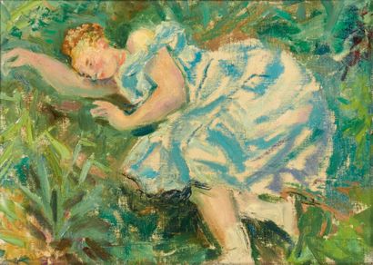 Alfred Auguste JANNIOT (1889 - 1969) 
Jeune femme à la robe bleue
Huile sur carton...
