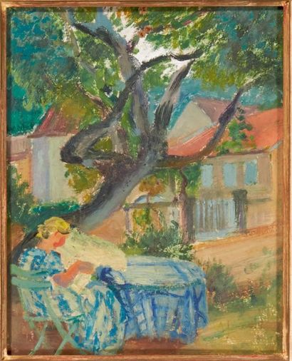 Alfred Auguste JANNIOT (1889 - 1969) 
Femme lisant dans un jardin
Huile sur carton,...