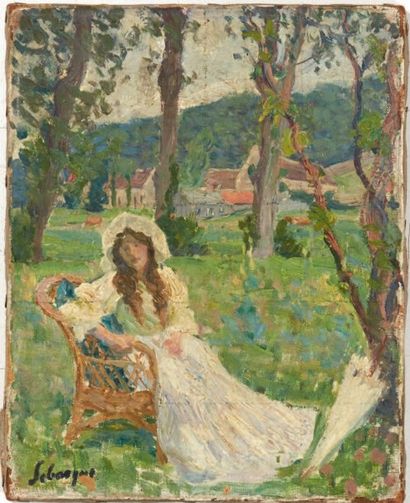 Henri LEBASQUE (1865-1937) 
Jeune fille à la robe blanche
Huile sur toile, signée...