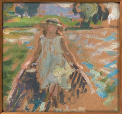 Henri LEBASQUE (1865-1937) 
Jeune fille à la barque
Huile sur carton, non signée.
26...