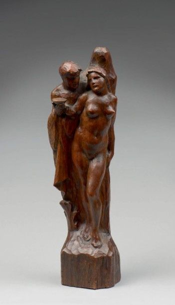 Käthe KOLLWITZ, dans le goût de 
Le couple
Bois sculpté, taille directe, non signé.
Hauteur:...