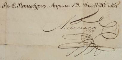 ALEXANDRE Ier (1777-1825) Empereur de Russie Brevet de nomination de Joseph Meklin...