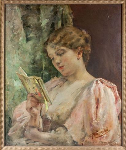 SVEDOMSKY Pavel Alexandrovich (1849-1904) Portrait d’une femme en robe rose lisant...