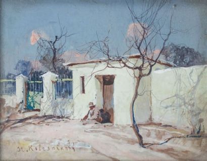 KOLESNIKOV Stepan Fedorovitch (1879-1955) Assis au soleil devant l’entrée Gouache...
