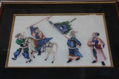 null Deux peintures sur papier de riz, scène chinoise, 17 cmx27 cm (accident) Re...