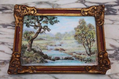 null Petite peinture, sur biscuit, paysage en ruisseau, signé VERJOT 8,5x11,5