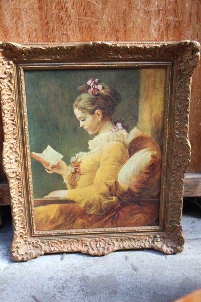null Huile sur toile d’après Chardin La liseuse, copie dans un cadre en bois stuqué...