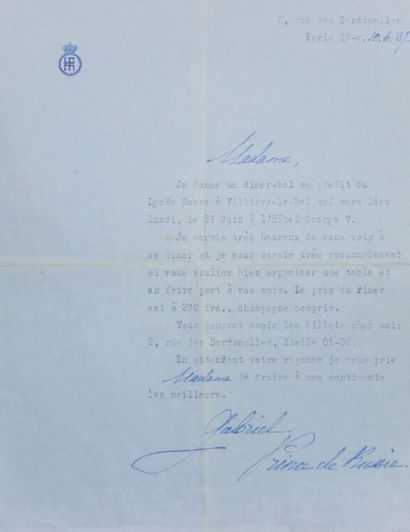 null L.S. à une inconnue. Paris, le 10 juin 1937.
Papier en-tête du grand-duc. Avec...