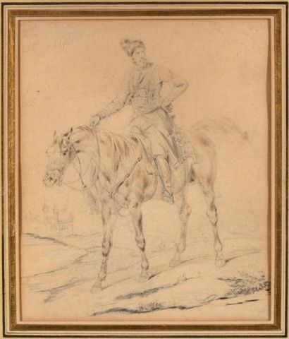 VERNET HORACE (1789-1863) Étude pour un cosaque à cheval.
Mine de plomb sur papier,...