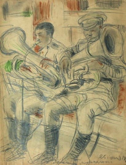STELLETSKI Dimitri (1875 - 1947) 2 dessins, soldats russes.
Crayon et sanguin, 2...
