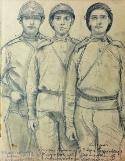 STELLETSKI Dimitri (1875 - 1947) Soldats russes, 2 dessins.
Crayon, 2 pages de carnet...