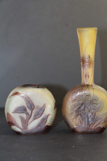 null Vase à panse applatie et long col en verre multicouche, décor dégagé à l'acide...
