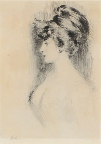 Paul César HELLEU (1859-1927) Profil de jeune femme au chignon haut
Pointe sèche.
Épreuve...