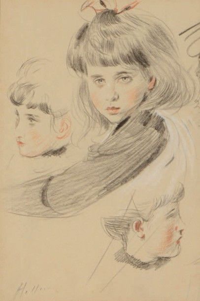 Paul César HELLEU (1859-1927) Étude de trois têtes, Mme Helleu et Ellen
Trois crayons...