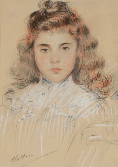 Paul César HELLEU (1859-1927) Fillette aux cheveux dénoués
Trois crayons.
Signé en...