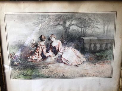 École Française du XIXe siècle Scène galante, 1841
Crayon Conté, fusain et aquarelle.
Monogrammé...