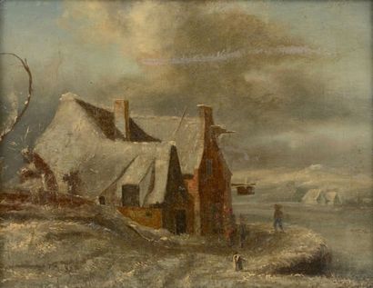 Jacob VAN RUYSDAEL, dans le goût de Paysage de neige
Huile sur toile.
25 x 32,5 ...