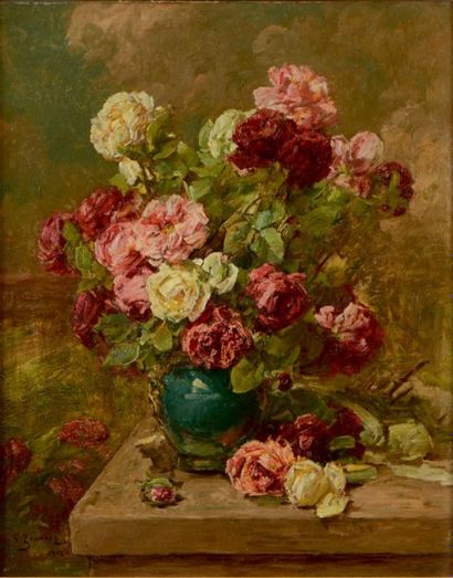 Georges JEANNIN (1841-1925) Bouquet de roses sur un entablement, 1912
Huile sur toile,...