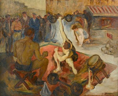 André RAGEADE (1890-1978) Les saltimbanques, circa 1930
Huile sur toile, signée en...