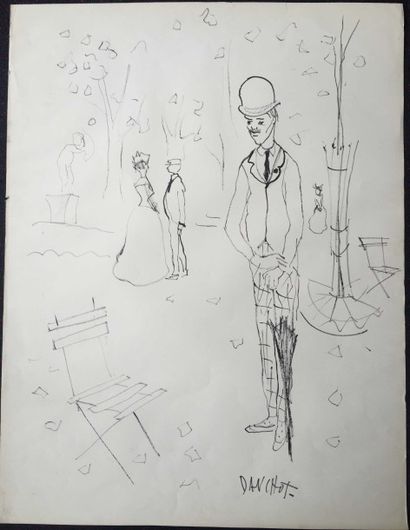 Gabriel DAUCHOT (1927-2005) «Gentleman au parapluie dans un parc»
Encre noire, signée...