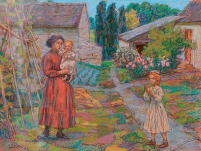 Jean Misceslas PESKE (1880-1949) Madame Peské et ses filles dans le jardin
Pastel...