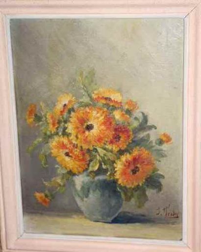 J TRIBY, école XXème siècle Bouquet de fleurs Peinture sur papier cartonné  31,5...