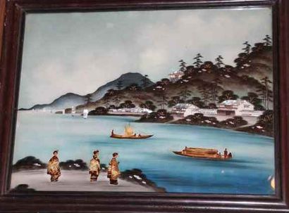 null Paire de peintures sous verre
Paysage avec le mont Fuji
Paysage devant une rivière
Peinture...